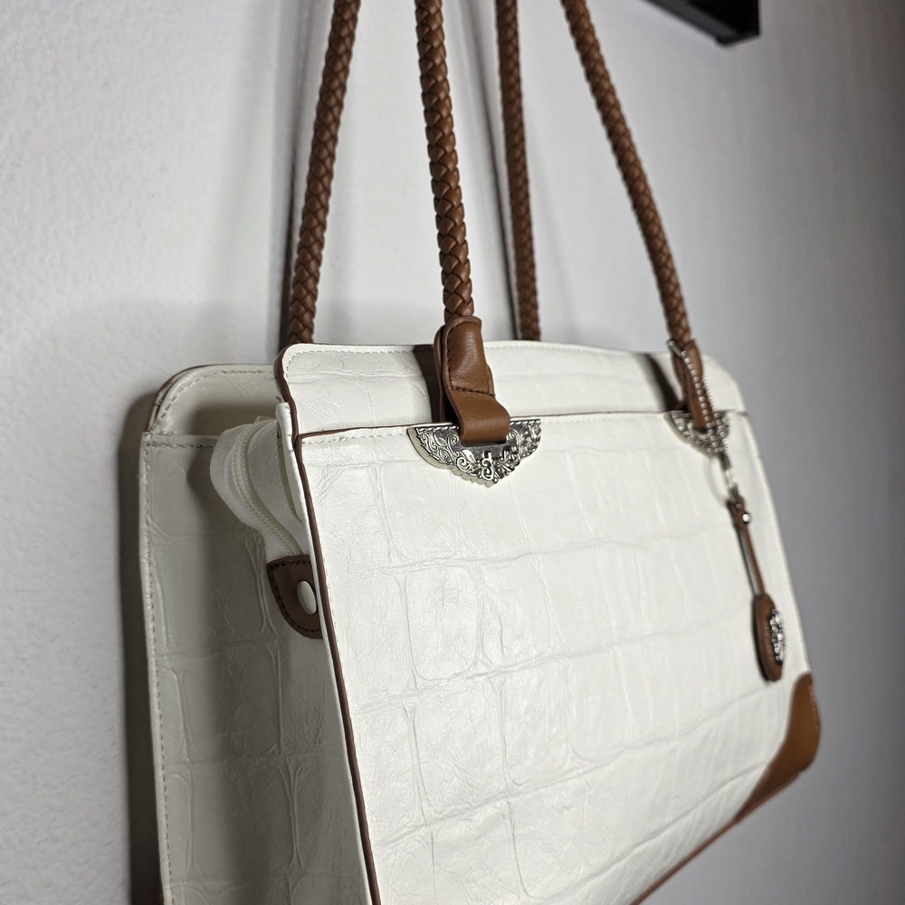 Bueno White Croc-Embossed Tote with Tan Accents